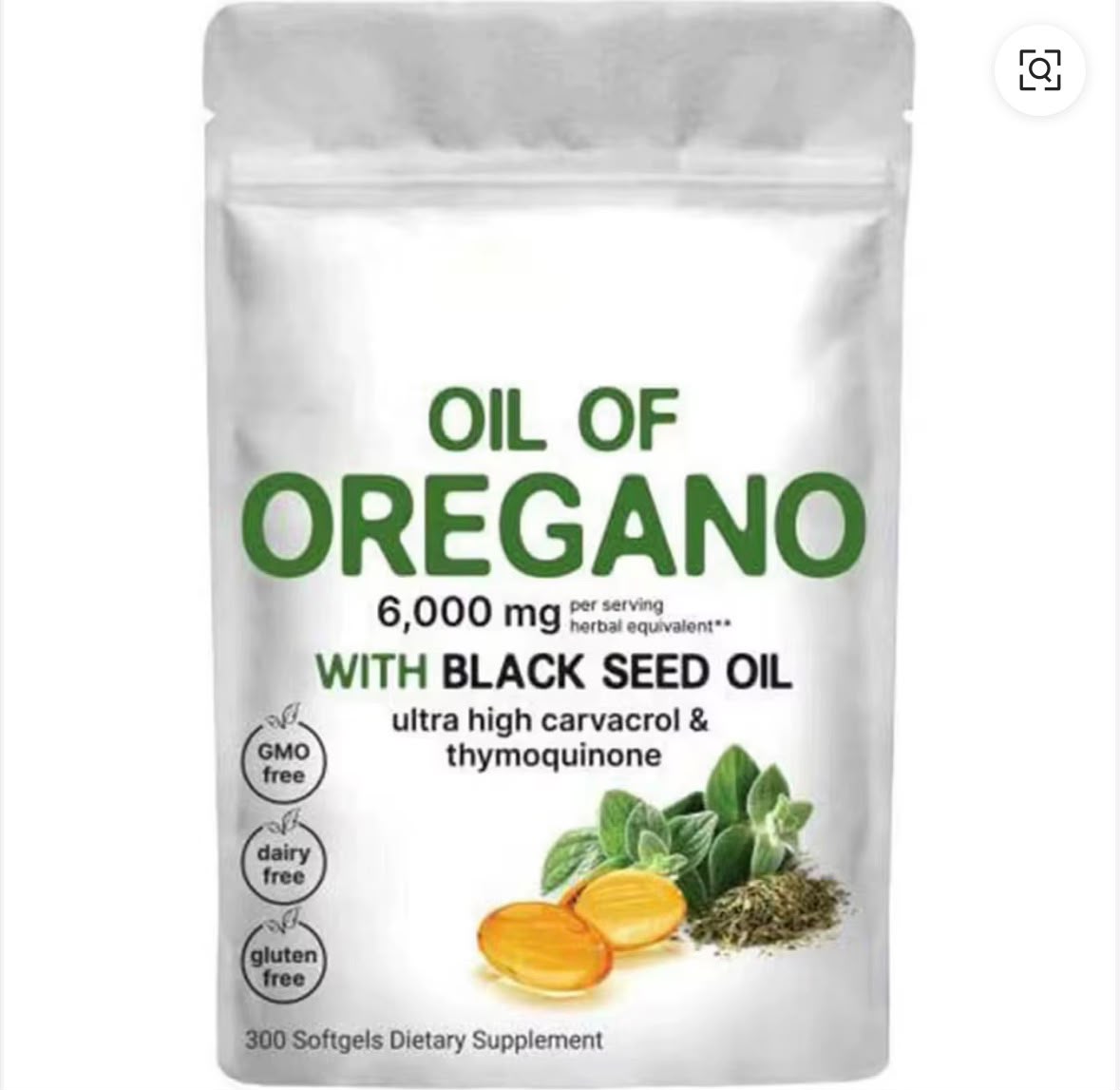 A white stand-up pouch of 'Oil of Oregano' dietary supplement with black seed oil, featuring green text and illustrations of oregano leaves and slices on a white background.