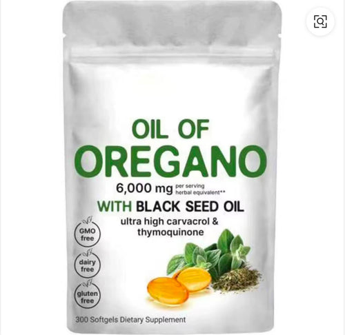 A white stand-up pouch of 'Oil of Oregano' dietary supplement with black seed oil, featuring green text and illustrations of oregano leaves and slices on a white background.